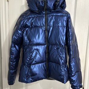Metallic Blue Puffer Jacket with Hood